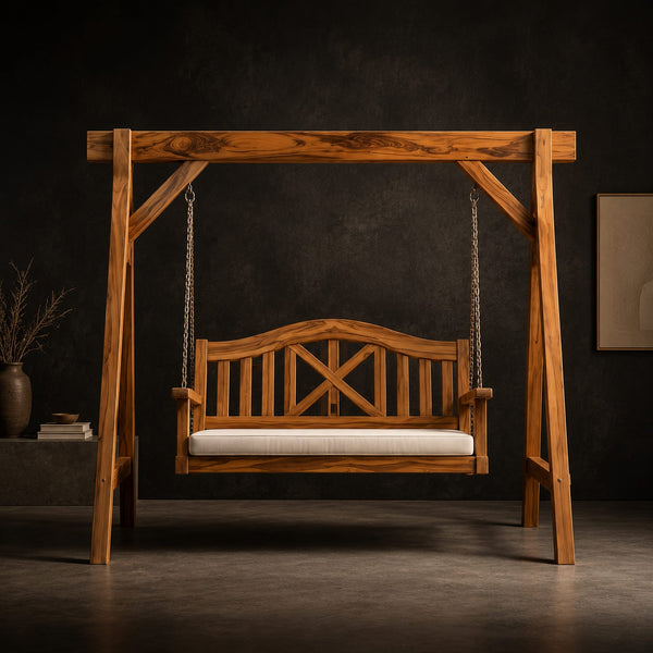 A Frame Swing With Arched X Pattern Back And Cream Seat Pad
