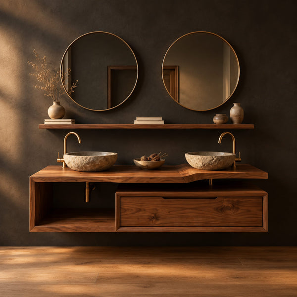 Angled Slab Top Floating Bathroom Vanity With Open Cubby