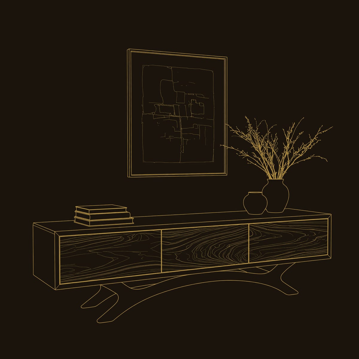 Antler Base TV Stand with Three Figured Door Fronts dimension diagram