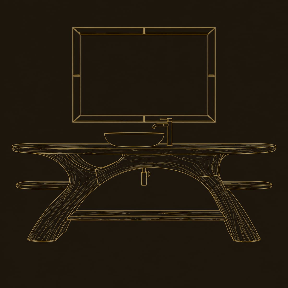 Arched Branch Leg Bathroom Vanity With Open Shelf And Side Ledges dimension diagram