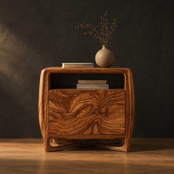 Barrel Sided Nightstand With Open Top Cubby And Swirled Grain