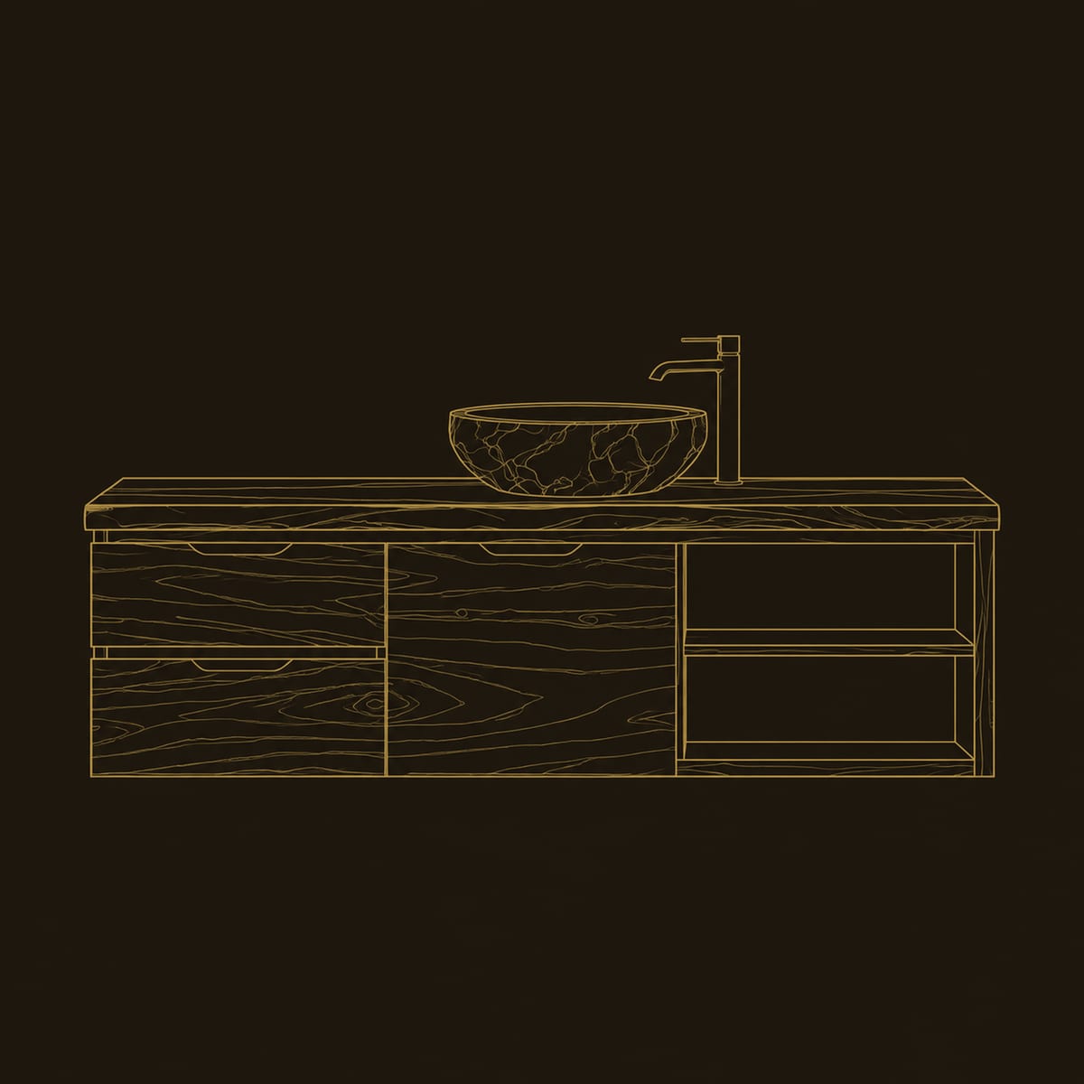 Bathroom Vanity With Stacked Wood Fronts And Two Level Open Shelving dimension diagram