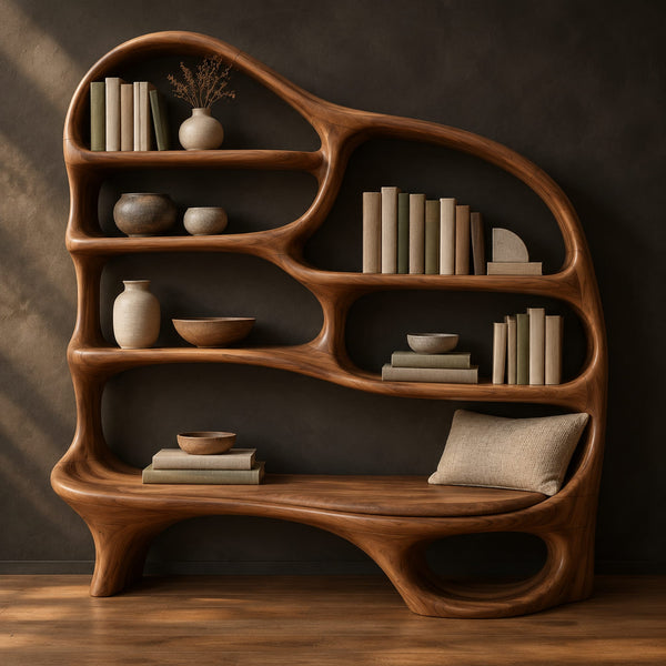 Bookshelf With Flowing Open Shelves And Low Reading Seat