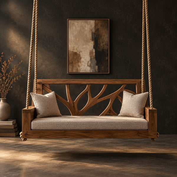 Branch Pattern Swing With Cushioned Seat And Twisted Rope Hangers