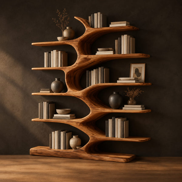 Branching Bookshelf With Staggered Shelves On A Central Stem