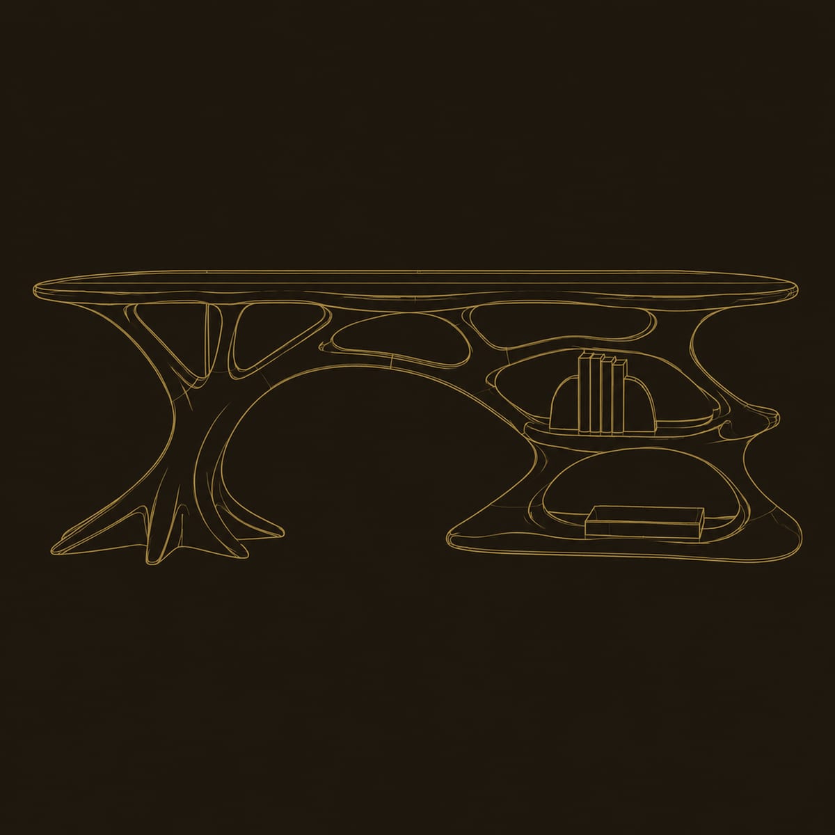Branching Root Base Desk With Open Shelf, Freeform Top dimension diagram