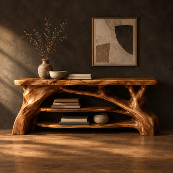Branching Root Shoe Bench With Plank Top And Low Oval Shelves