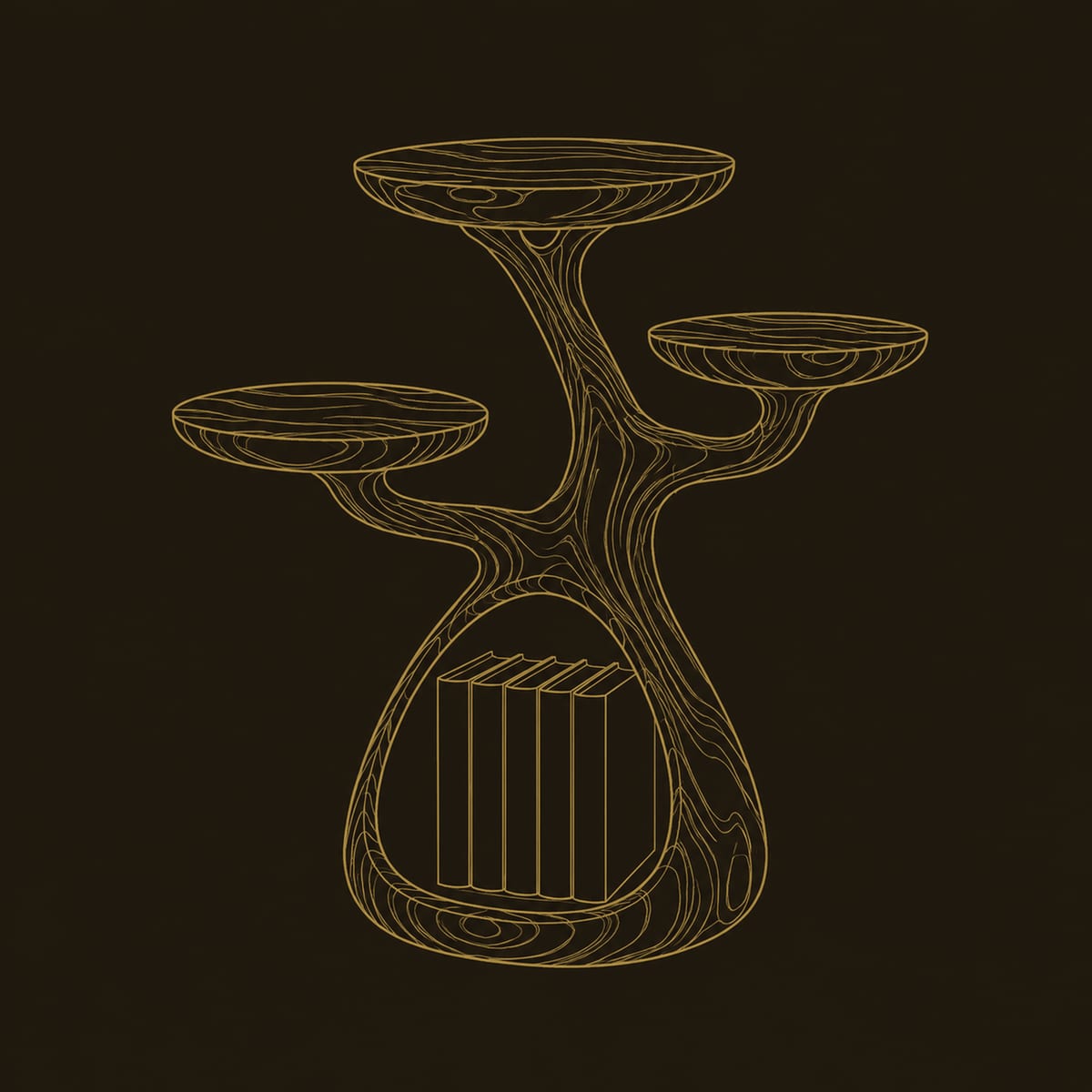Branching Side Table With Three Disc Tops And Open Book Niche dimension diagram