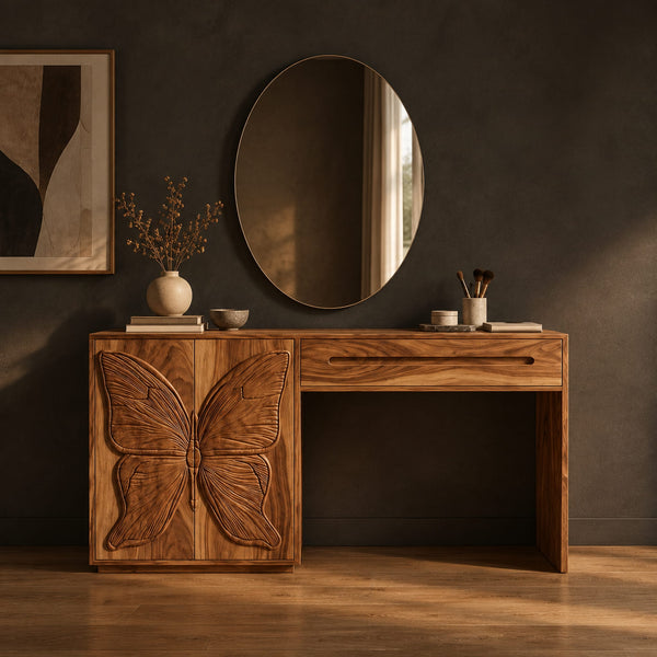 Butterfly Carved Makeup Vanity With Cabinet And Knee Space