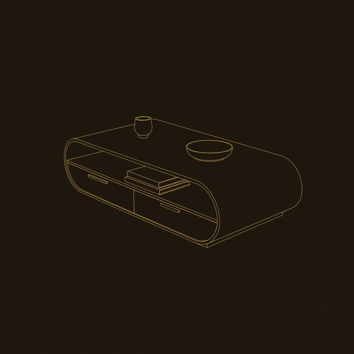 Capsule Box Coffee Table with Two Rounded Drawers dimension diagram