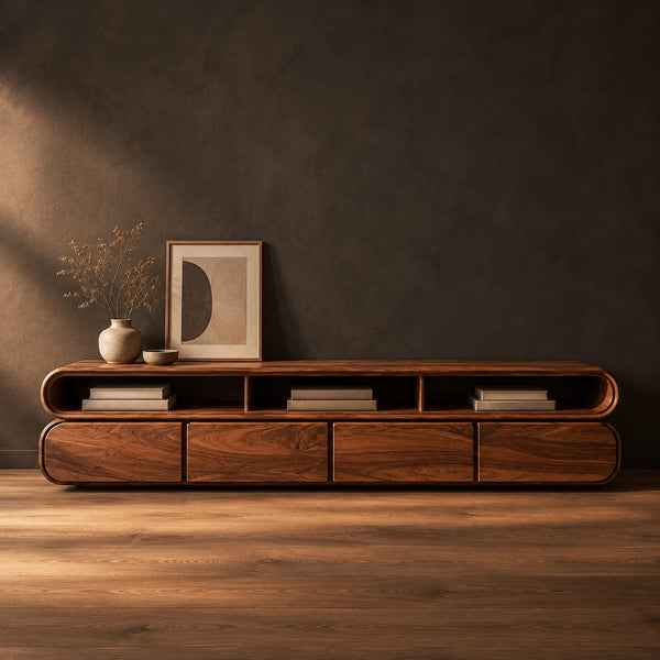 Capsule Shaped TV Stand With Curved Ends And Open Top Bays