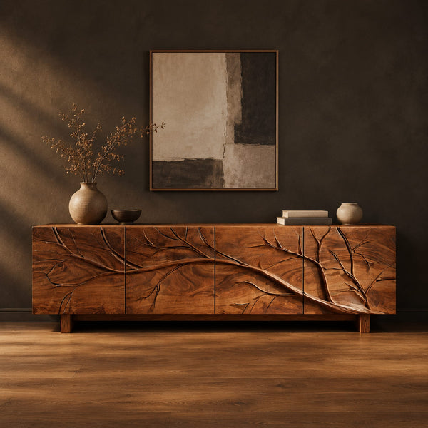 Carved Branch Relief TV Stand With Four Wide Panels