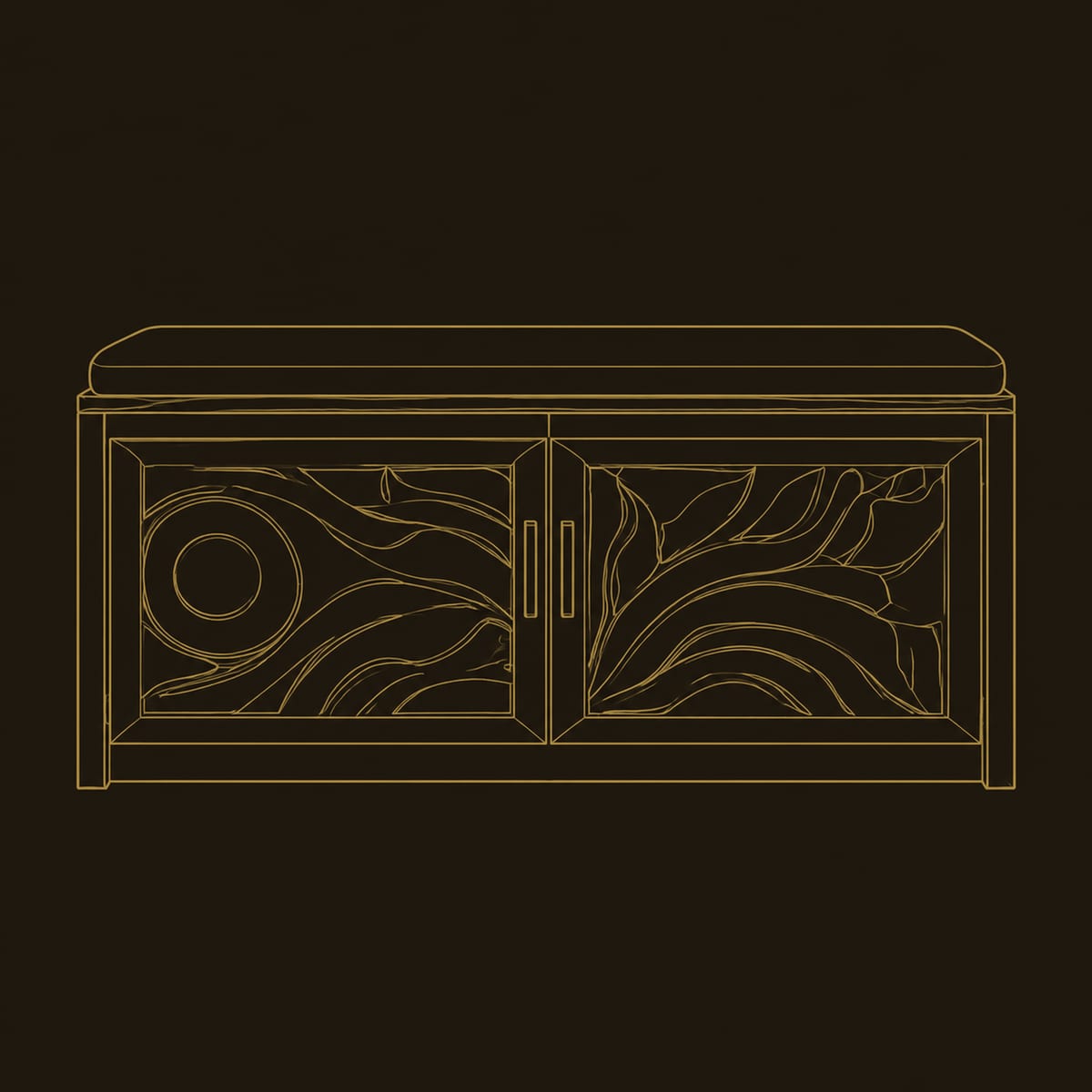 Carved Door Shoe Bench With Padded Seat And Swirl Relief dimension diagram