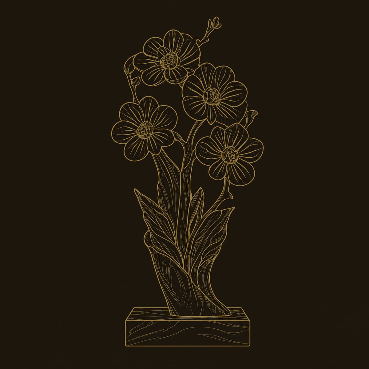 Carved Flower Sculpture With Open Blossoms And Block Base dimension diagram