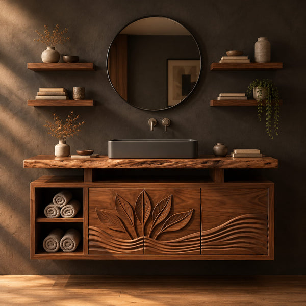 Carved Leaf Pattern Bathroom Vanity, Raised Live Edge Top