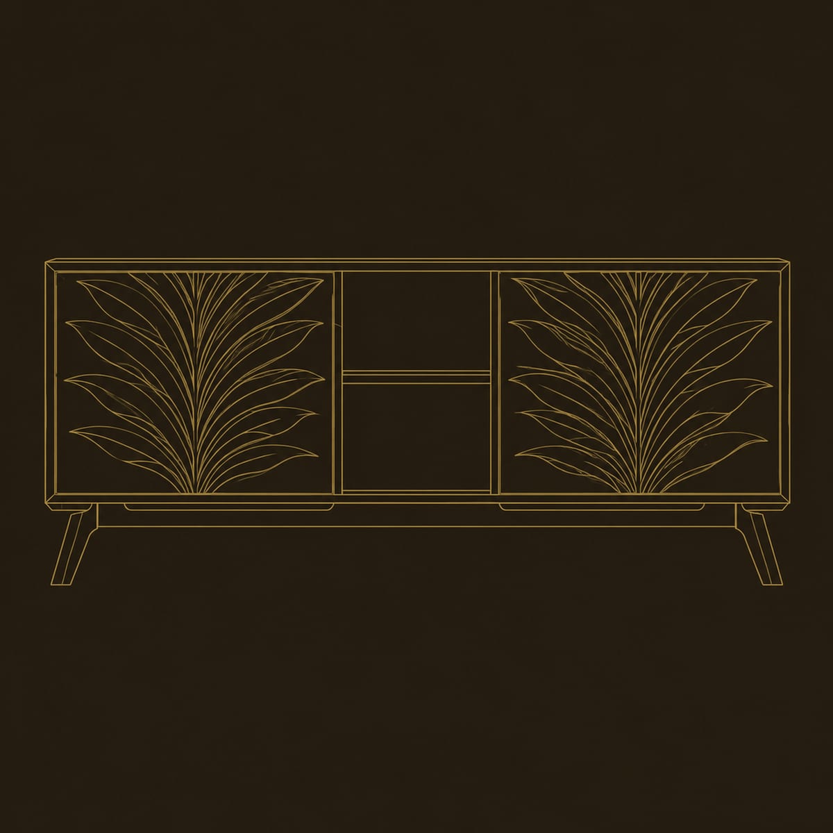 Carved Leaf Sideboard With Open Center Shelves And Splayed Legs dimension diagram