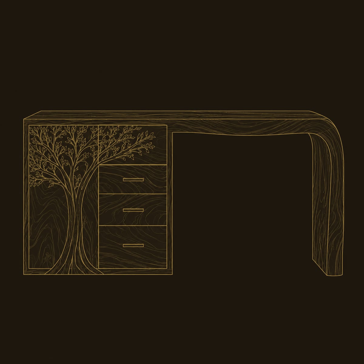 Carved Tree Makeup Vanity With Three Drawers And Sweeping Leg dimension diagram