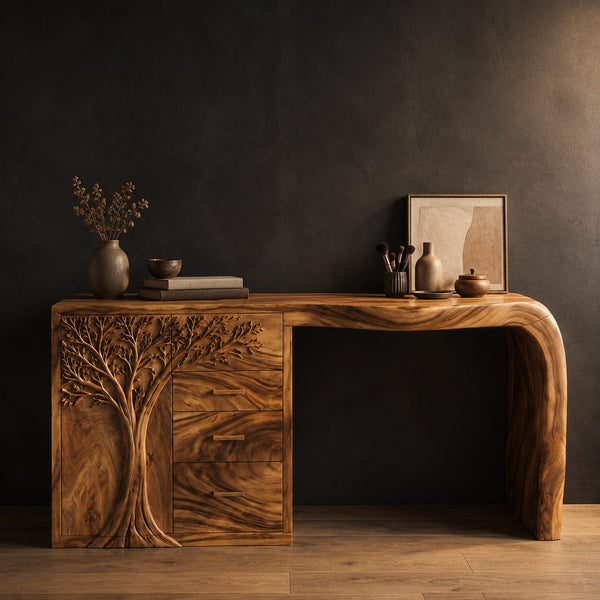 Carved Tree Makeup Vanity With Three Drawers And Sweeping Leg