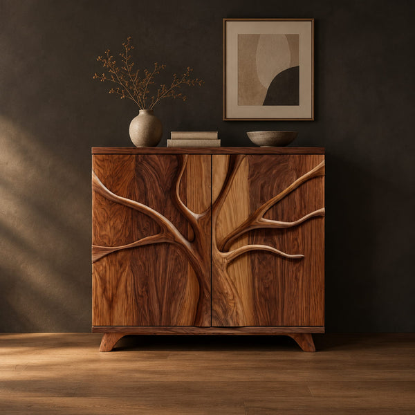 Carved Tree Relief Sideboard With Two Doors And Angled Feet