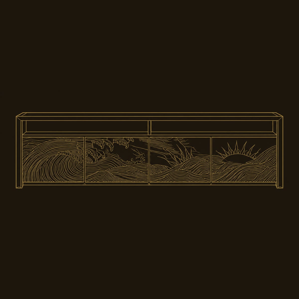 Carved Wave And Sunrise TV Stand With Four Doors And Open Niches dimension diagram