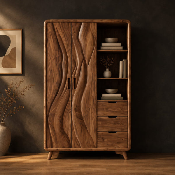 Carved Wave Door Wardrobe, Open Shelves, Three Drawers