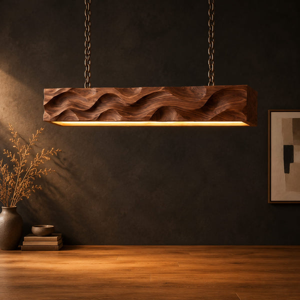 Carved Wave Pendant Light With Long Beam Shape And Warm Glow