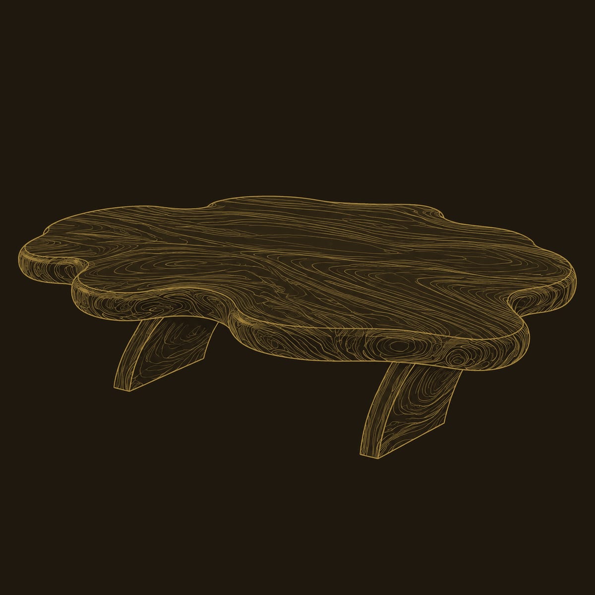 Cloud Shaped Coffee Table With Wavy Edge Top, Low Angled Legs dimension diagram