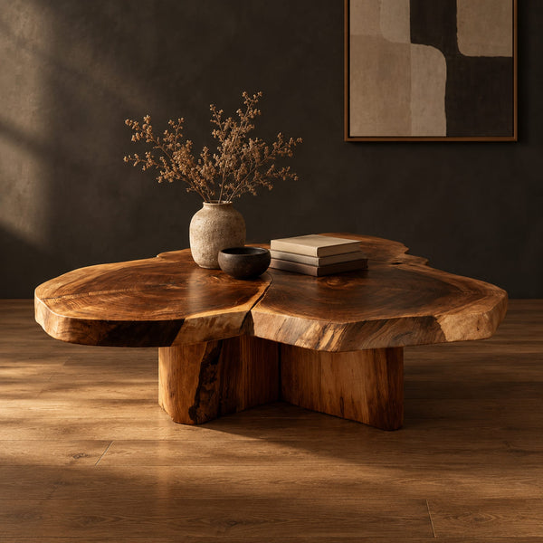 Clover Shaped Live Edge Coffee Table With Three Joined Slabs