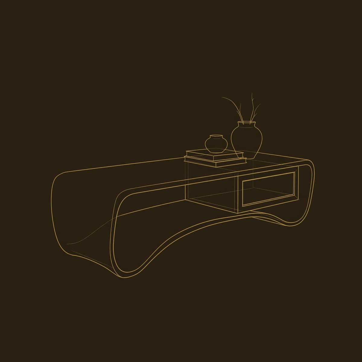 Compact Coffee Table with a Drawer, Hand Bent Loop Form dimension diagram