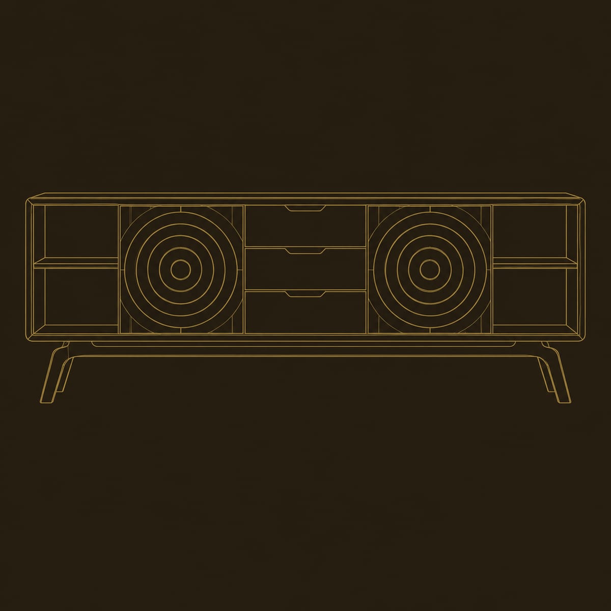 Concentric Ring Carved Sideboard Open End Shelves Angled Legs dimension diagram
