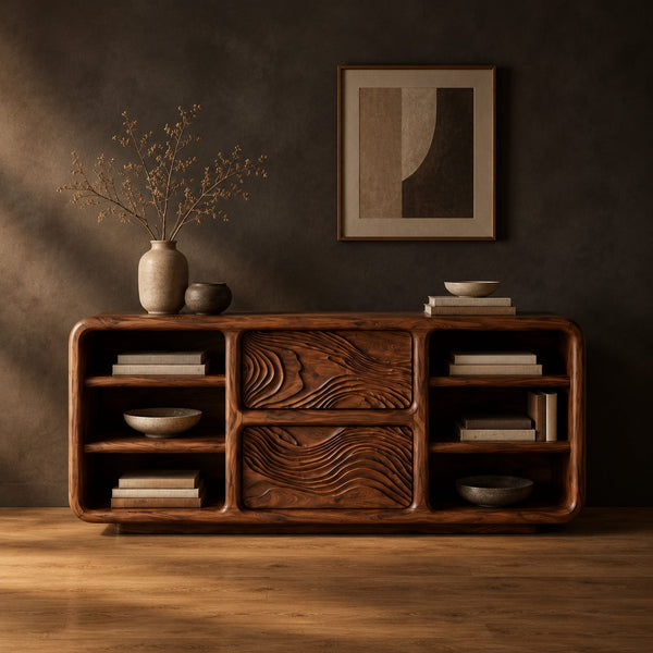 Console Table With Carved Center Panels And Open Shelf Bays