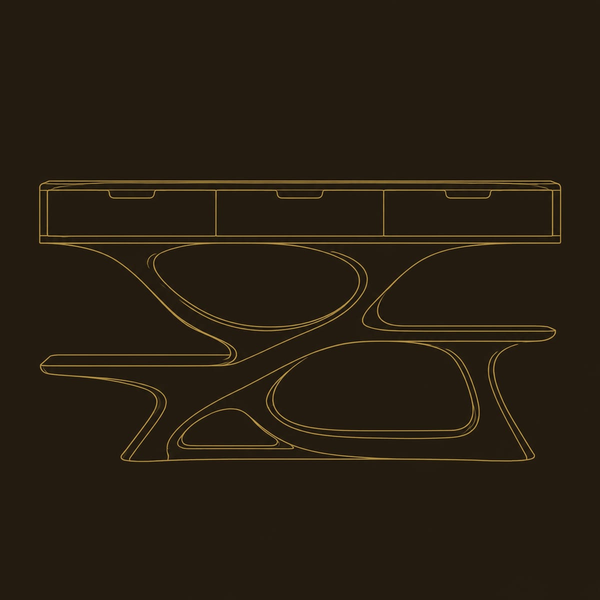 Console Table With Three Drawers Over A Twisting Open Loop Base dimension diagram