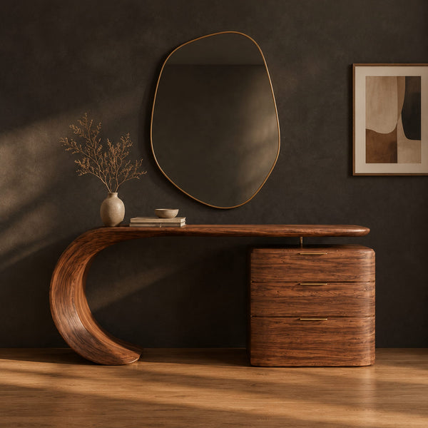 Curved Base Makeup Vanity With Three Drawers And Slim Top