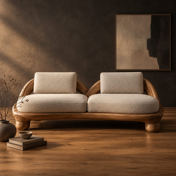 Curved Sofa With Sweeping Wooden Arcs And Chunky Bun Feet