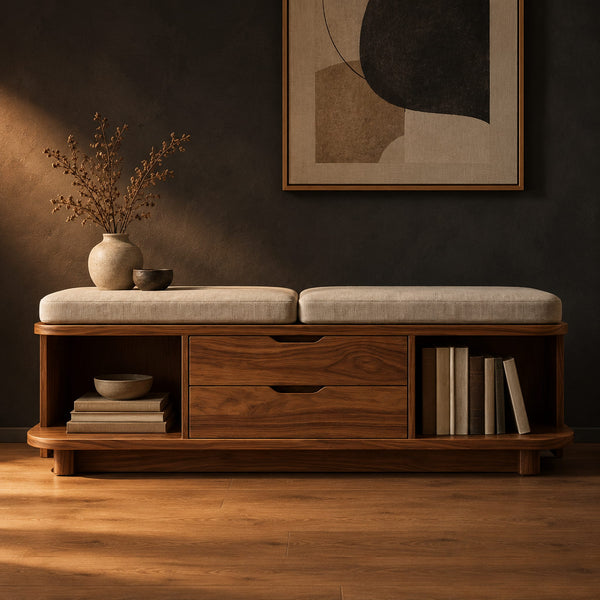 Cushioned Storage Bench With Two Center Drawers And Open Ends