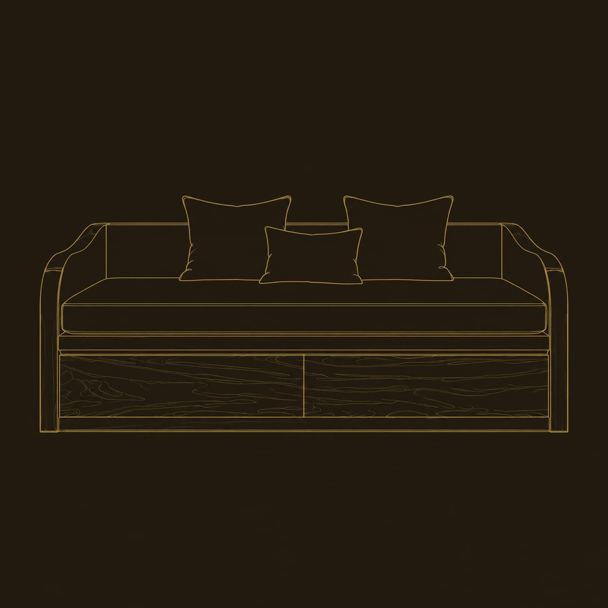 Daybed Style Sofa With Swept Wood Sides And A Paneled Base dimension diagram