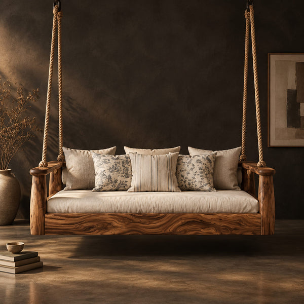 Daybed Swing With Thick Sculpted Arms And Hanging Ropes
