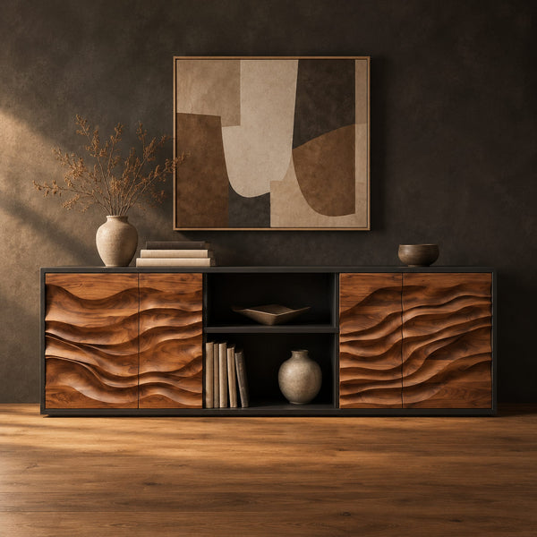Deep Wave Carved Sideboard With Open Center Shelves