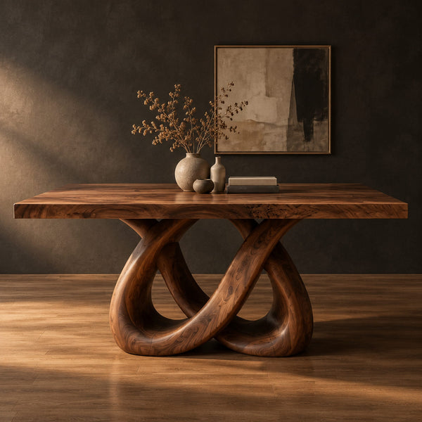 Dining Table With Twin Knot Pedestals And Thick Slab Top