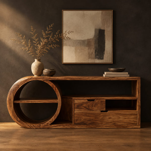 Drum End Console Table With Two Drawers And Open Shelves