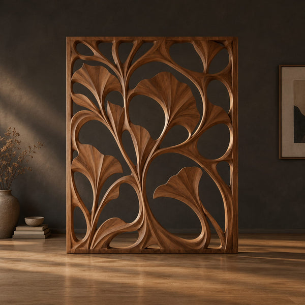 Fan Leaf Room Divider With Deep Carved Open Cutouts