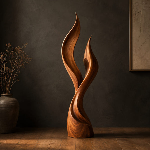 Flame Shaped Wood Sculpture With Two Tall Pointed Tips