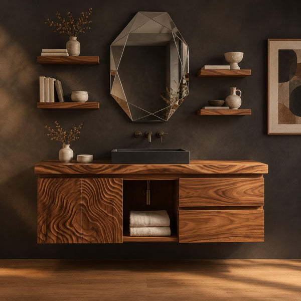 Floating Bathroom Vanity With Carved Contour Doors And Open Cubby