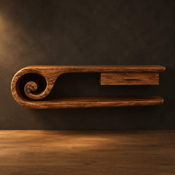 Floating Bathroom Vanity With Carved Scroll End And Open Shelf