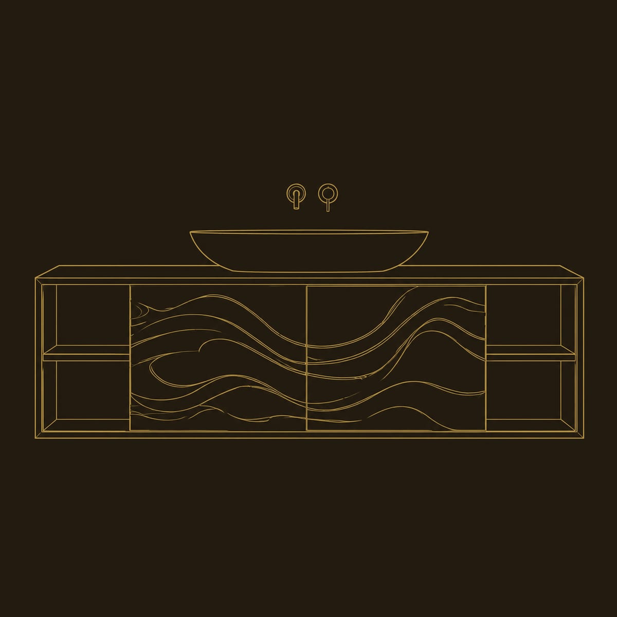 Floating Bathroom Vanity With Carved Wave Doors And Open Shelves dimension diagram