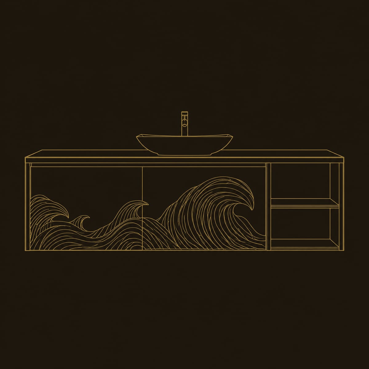 Floating Bathroom Vanity With Curling Wave Carving And Open Shelves dimension diagram