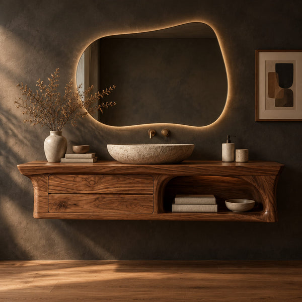 Floating Bathroom Vanity With Flared Ends And Open Shelf