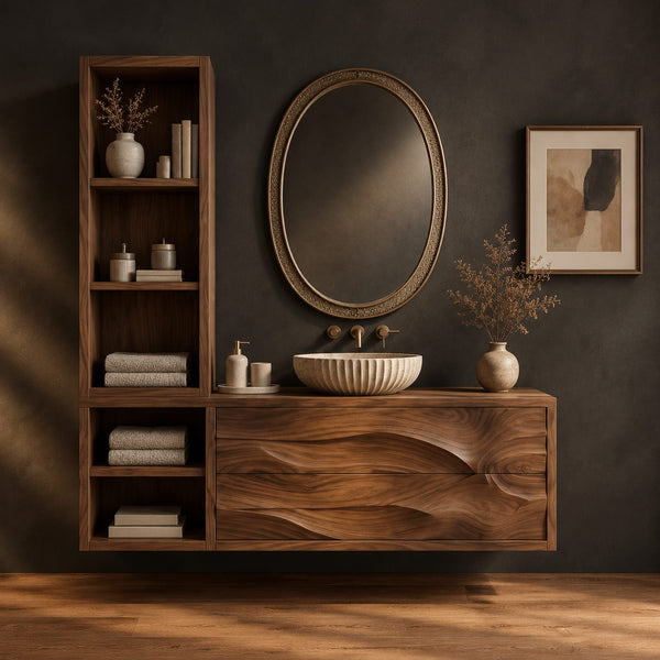 Floating Bathroom Vanity With Tall Open Shelf Tower And Wave Front
