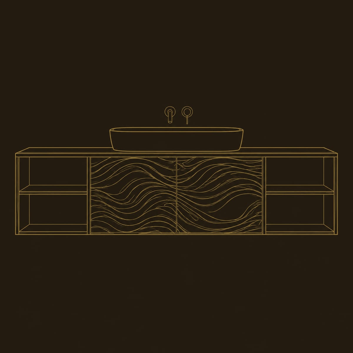 Floating Bathroom Vanity With Wave Carved Center And Open Cubbies dimension diagram