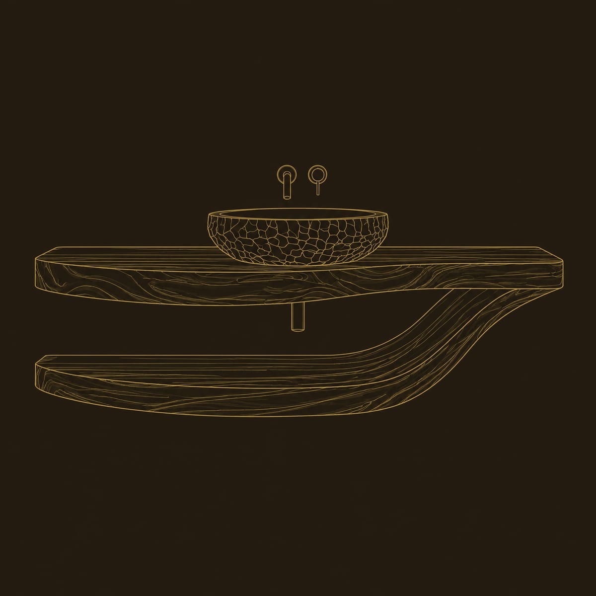 Floating Bathroom Vanity With Wavy Slab Top And Sweeping Shelf dimension diagram